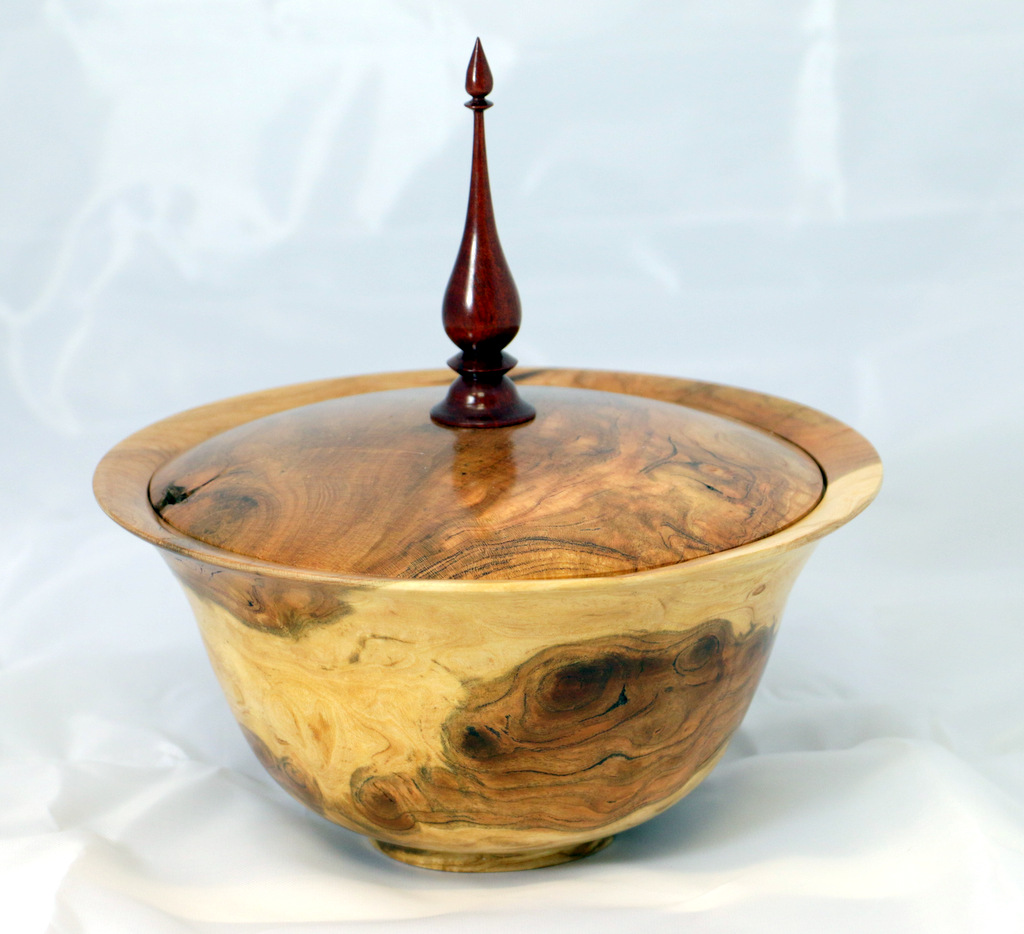 Cherry burl bowl with lid and bllodwood finial