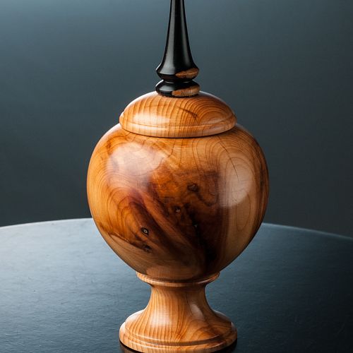 Yew lidded box with a simple African blackwood finial, 3” wide & 6 ⅝” tall