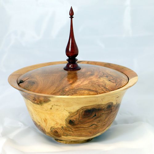 Cherry burl bowl with lid and bllodwood finial