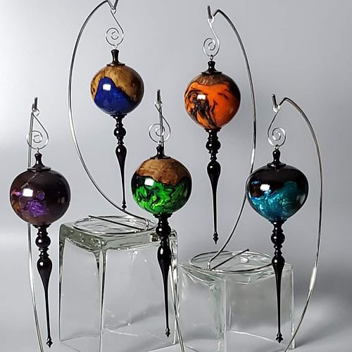 Ornaments with wood and resin globes