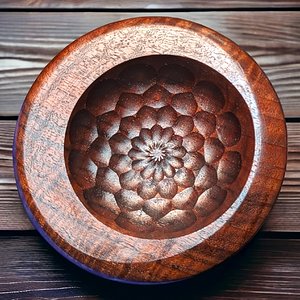 Multi-axis figured walnut bowl with rose engine accents
