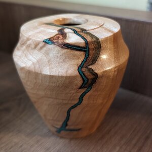 Apple wood hollow form with malachite inlay