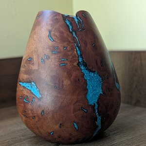 Manzanita root burl hollow form with turquoise inlay