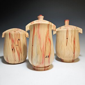 Set of 3 Boxelder Ridgeback lidded vessels.