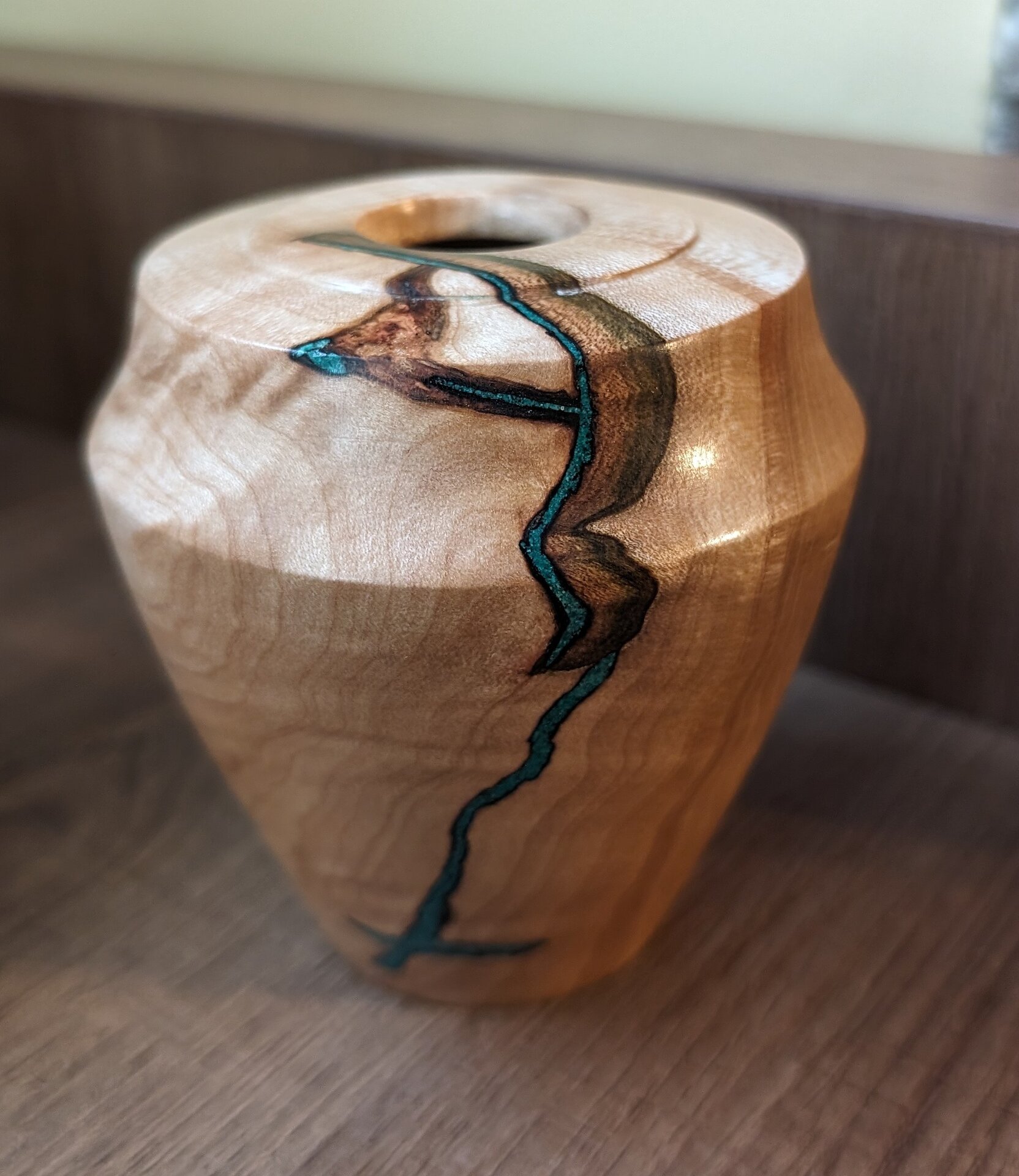 Apple wood hollow form with malachite inlay