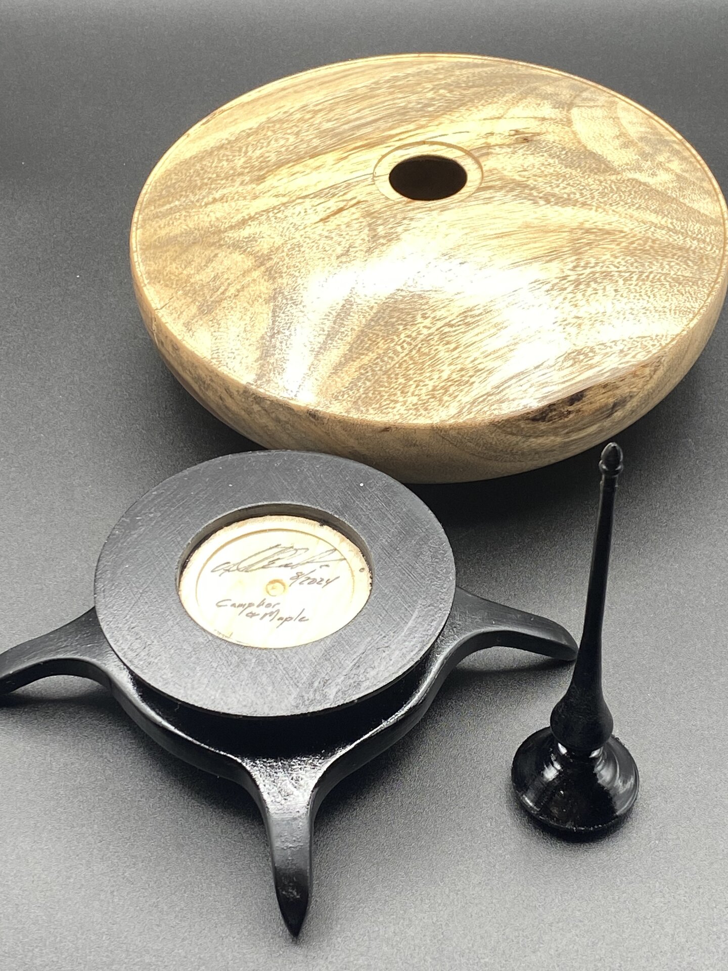 Camphor Hollow form with maple finial and base