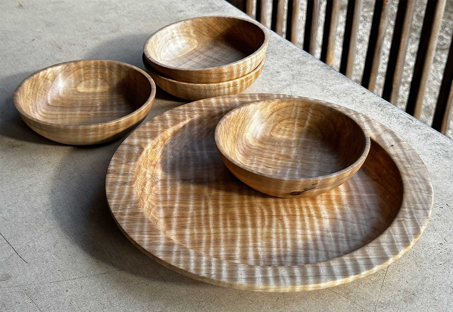 Curly Maple platter and matching bowls