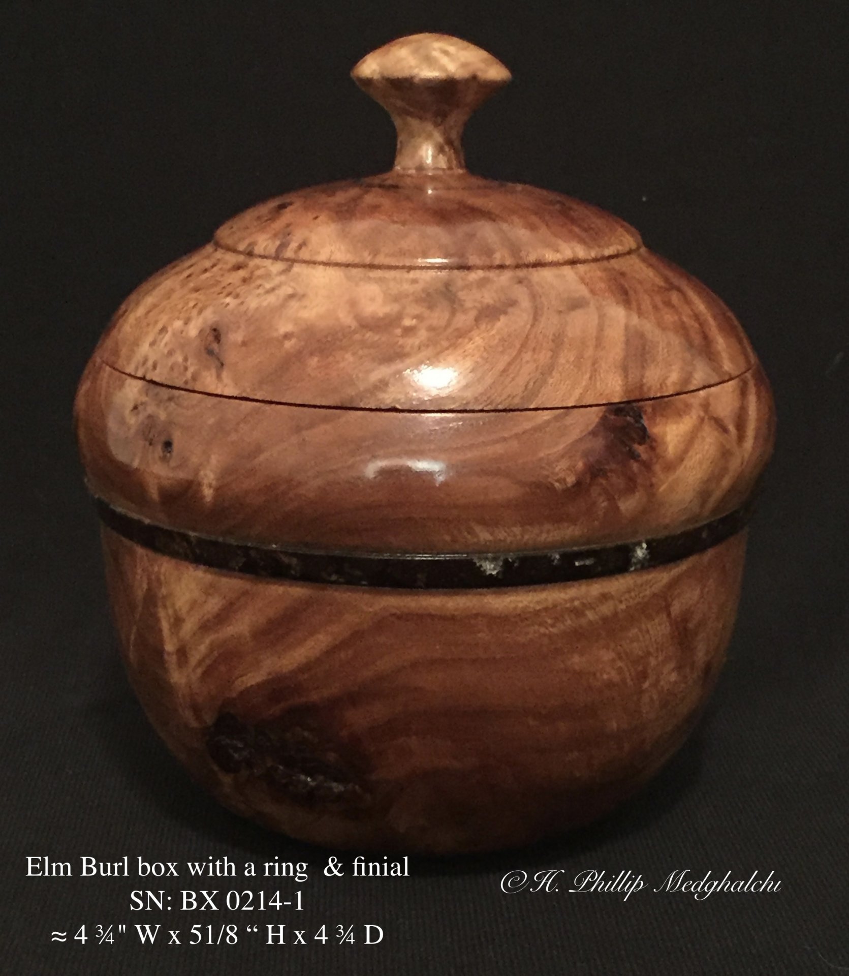 Elm burl box with a finial and a custom ring
