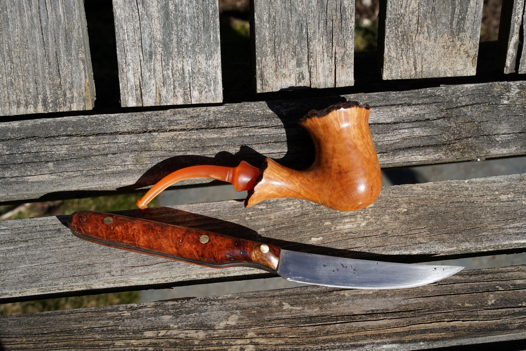 Fillet knife for fishing, with hand-forged steel, Amboyna burl & brass; and pipe turned and carved from Italian Briar wood