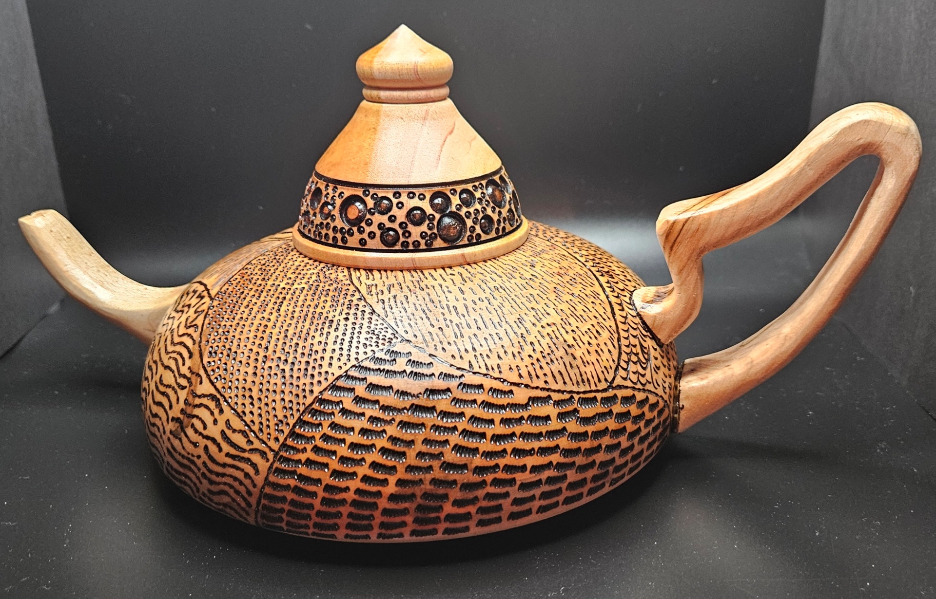 Maple teapot with Pyrography