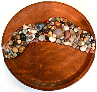 Redwood Platter with river rocks