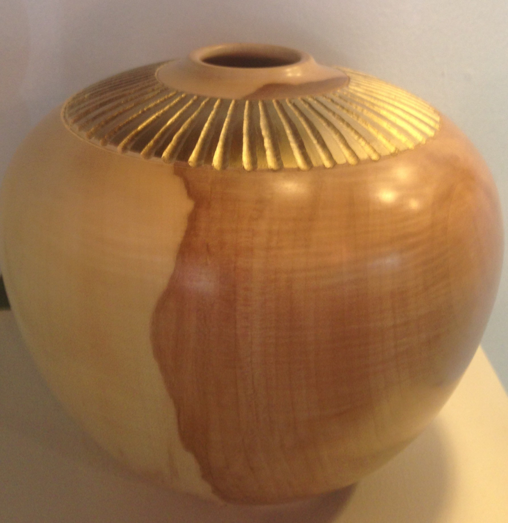 Sycamore hollow form with carved rim design gold gild