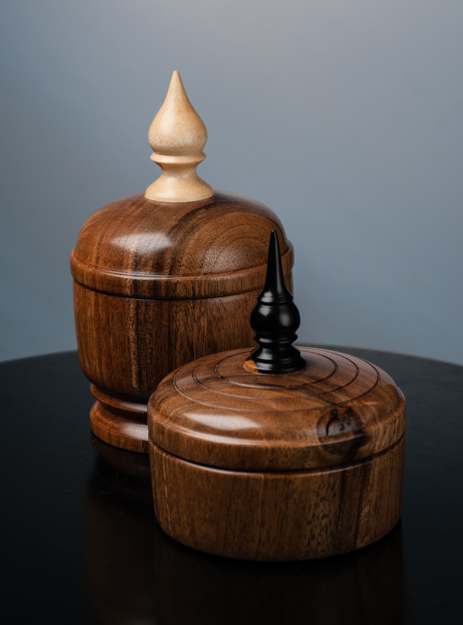 Two English walnut lidded boxes